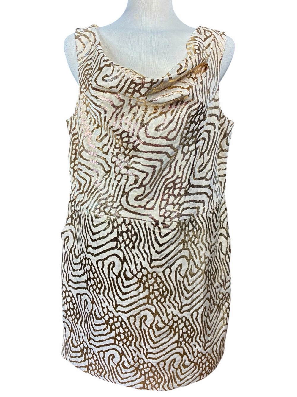NEW GAP Gold Metallic Patterned Drape Neck Shift Dress Pockets Women's Size 14